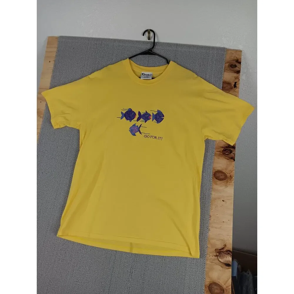 Cheek-O Sportswear Tee Womens‎ XL Yellow Embroidered Fish Go For It! USA Made - Picture 3 of 11